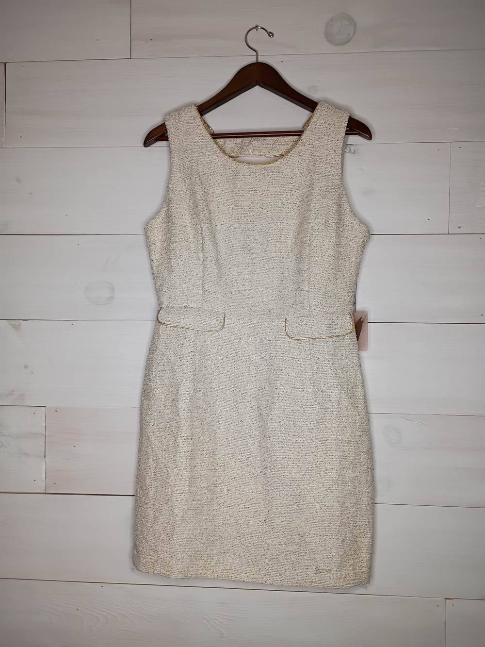 Love21 Cream & Gold Metallic Bouclé Tweed Cutout Back Sheath Dress, Size M - NWT